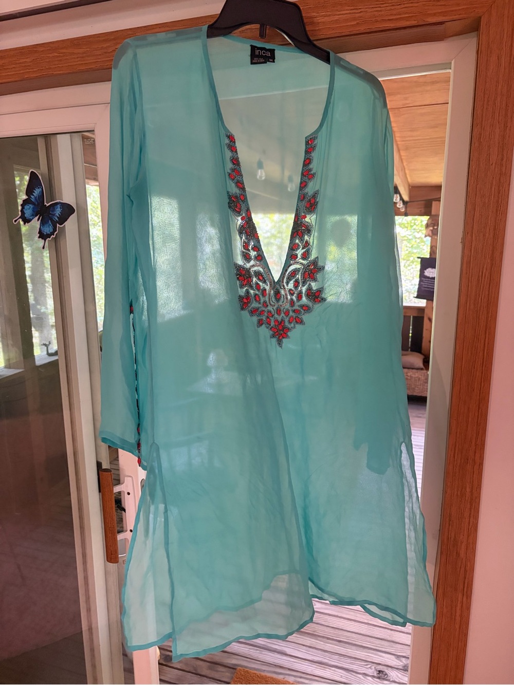 INCA Teal 100% Silk, Hand Beaded Swim Coverup. Excellent condition. Medium